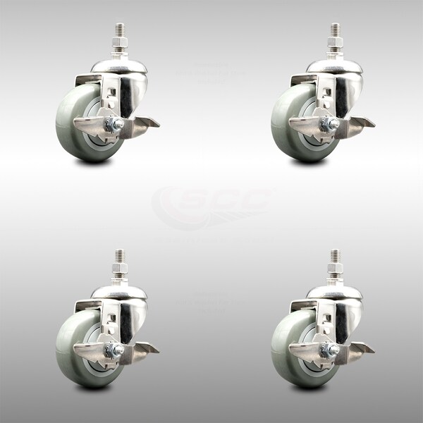 Service Caster 3 Inch 316SS Gray Polyurethane Swivel 1/2 Inch Threaded Stem Caster Set Brake SCC SCC-SS316TS20S314-PPUB-TLB-121315-4 - main